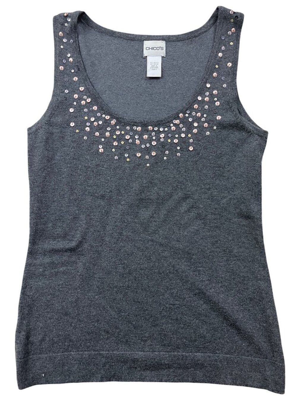 Chico's Y2K Sequin Embellished Glam Knit Tank Top Womens 0 Gray Downtown Edgy